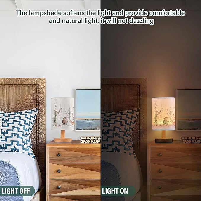 Woodland Animal Bear Fox Deer Owl Hedgehog Bird Bunny Forest Tree Table Lamp with Wood Base Fabric Lamp Shade Bedside Nightstand Desk Lamp for Living Room Bedroom Kids Room Office