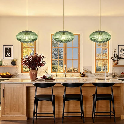 12" Green Glass Modern Pendant Light Kitchen Island 2 Pack Brushed Gold Mid Century Modern Pendant Lighting with Clear Green Glass Hanging Pendant Light for Dining Room（Bulb Incl.）