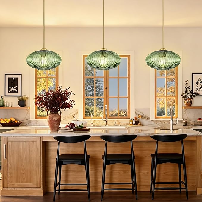 12" Green Glass Modern Pendant Light Kitchen Island Brushed Gold Mid Century Modern Pendant Lighting with Clear Green Glass Hanging Pendant Light for Dining Room（Bulb Incl.）