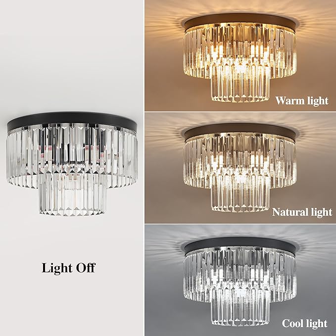 17" Black Crystal Ceiling Light 9-Light Modern Crystal Light Fixture 2-Tier Luxury K9 Crystal Ceiling Light,for Dining Room Kitchen Island Living Room Bedroom