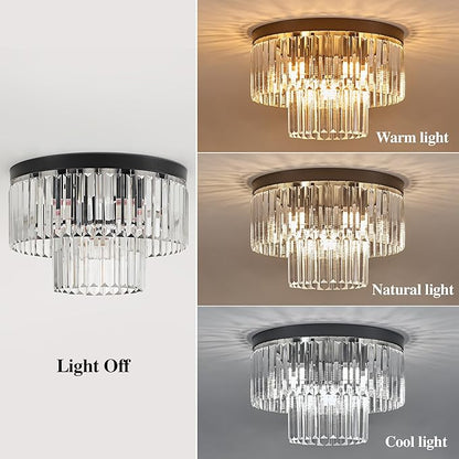 17" Black Crystal Ceiling Light 9-Light Modern Crystal Light Fixture 2-Tier Luxury K9 Crystal Ceiling Light,for Dining Room Kitchen Island Living Room Bedroom