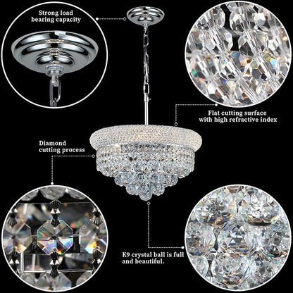 Crystal Chandeliers for Dining Room Light Fixture Over Table, Empire Style K9 Crystal Chandeliers for Bedroom, 4 Lights Chrome Luxury Lighting Fixtures for Entryway Kitchen Island Foyer D15 Inch