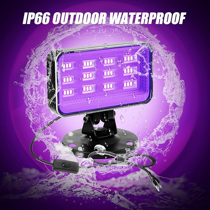 30W Black Lights for Glow Party - High Power LED Outdoor Black Light Flood Light Plug in IP66 Waterproof Blacklight Spotlight 395nm Blacklights FloodLight for Glow Party, Halloween (2 Pack)