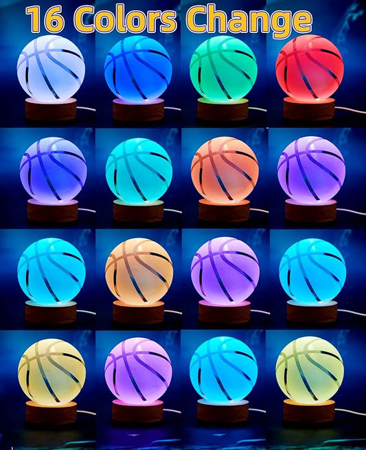 Basketball Crystal Ball Lamp,3.15 inch 3D K9 Crystal Ball Night Light with Wooden Base,Basketball Lamp Light, Gifts for Boys,16 Colors Change with Remote Control (K)