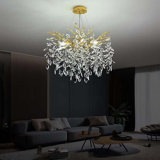Modern Crystal Tree Branch Chandelier, D23.7'' Round Gold Raindrop Indoor Hanging Ceiling Lighting Fixture for Dining Room Living Room Bedroom Foyer 8 Lights