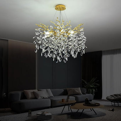 Modern Crystal Tree Branch Chandelier, D23.7'' Round Gold Raindrop Indoor Hanging Ceiling Lighting Fixture for Dining Room Living Room Bedroom Foyer 8 Lights