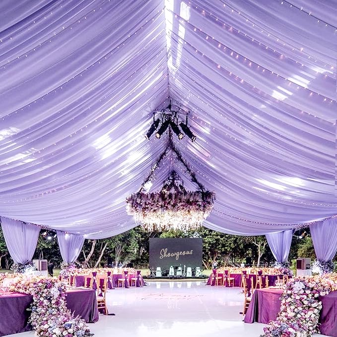 6 Panel Purple Ceiling Drapes for Wedding Arch - 5ft x 30ft Sheer Voile Chiffon Drapery