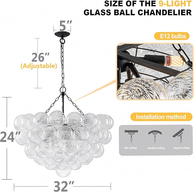 Hand Blown Glass Bubble Ball Chandelier Black Finish 32" Pendant Light Fixture Art Deco Cluster Ribbed Glass Swirled Globe Lighting for Bedroom Dining Room Restaurant Bathroom Entry