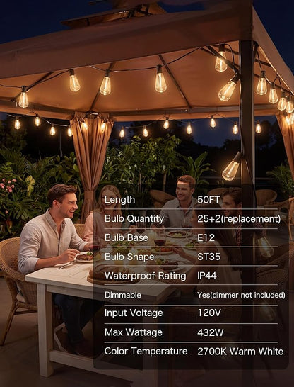 50FT LED Outdoor String Lights, Patio Lights with 25 Shatterproof ST35 LED Vintage Edison Bulbs Connectable LED String Lights, Waterproof Outdoor Hanging Lights for Backyard Garden