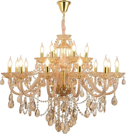 18-Light Amber Crystal Chandelier Light Fixtures for Living Room,Double Layer Lamps Design K9 Crystal Pendant Light Lighting for Dinning Room Lobby Foyer Staircase (Amber 18 Lights)