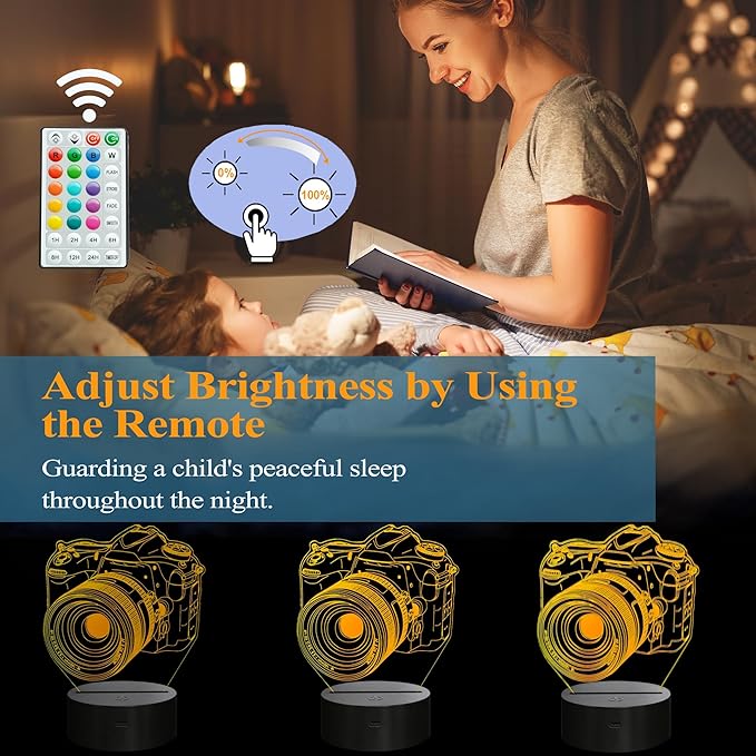 Photographer Gifts for Men, Camera 3D Night Light with Remote Control, 16 Colors Changing, Timer, Dimmable, RGB Flashing Mode, Photography Gifts Gifts for Men Women Christmas Decor