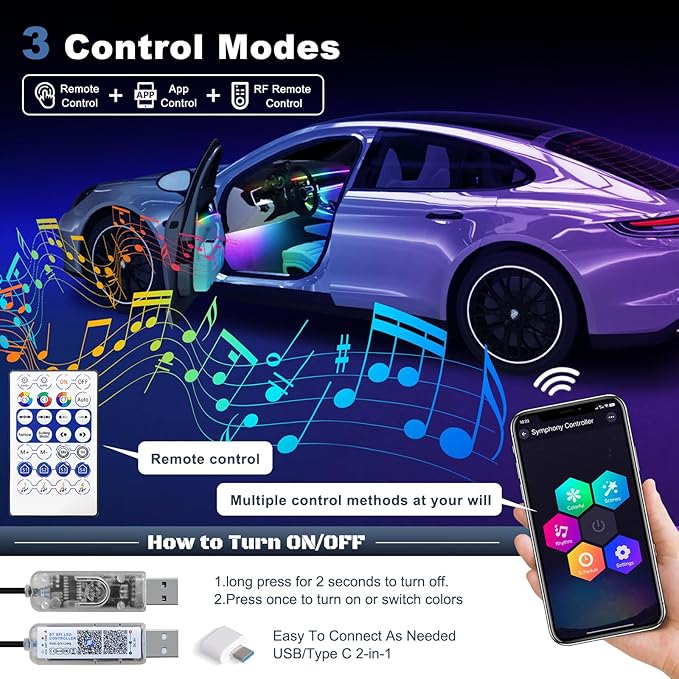 Dreamcolor Acrylic Interior Car LED Strip Light with USB Hub, 55.1 inches Fiber Optic Ambient Lighting Kits, RGB+IC Colors Sound Active Function Neon LED Strip