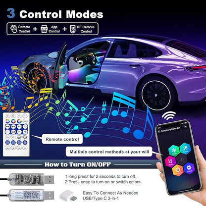Acrylic Interior Car LED Strip Light with USB/Type C, Dreamcolor 10 in 1 with 187 inches 650 LEDs Ambient Lighting Kits, Sound Active Function Neon Accessories