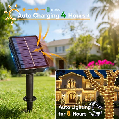 Ollny Solar Rope Lights Outdoor, 33FT 100 LED Warm White String Lights with Remote, 8 Modes Waterproof Timer Tube Light for Tree Holiday Party Wedding Decor