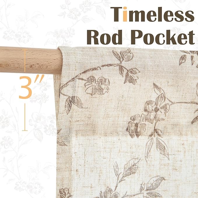jinchan Floral Kitchen Curtains 36 Inch Linen Tier Curtains Farmhouse Cafe Half Window Drapes Over Sink Light Filtering for Living Room Laundry RV Rod Pocket 2 Panels Taupe on Beige