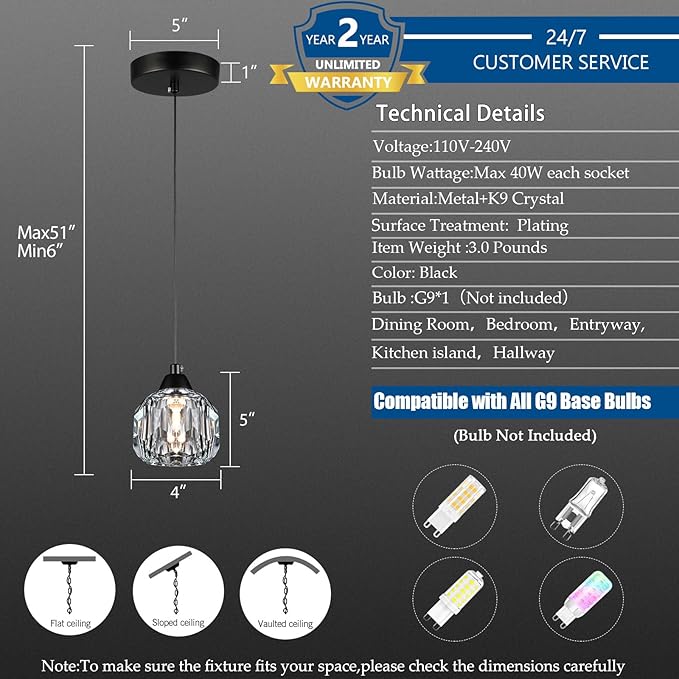 Weesalife Crystal Chandeliers for Dining Room Lights Fixture Over Table, 3 Pack Black Modern Pendant Light Fixture，Crystal Pendant Lighting for Kitchen Island Bathroom Bar