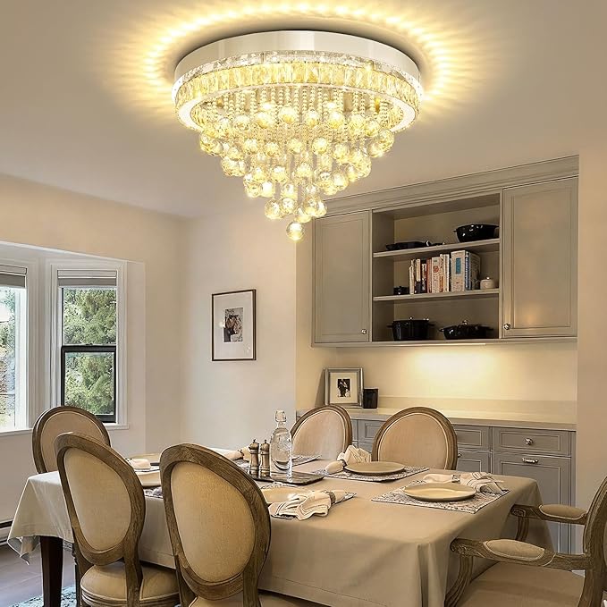 Dia 24" Modern Crystal Chandeliers for Dining Room,Silver Raindrop Chandelier Flush Mount Chandeliers for Living Room Bedrooms Dining Room Dimmable 2700k 4500k 6000k