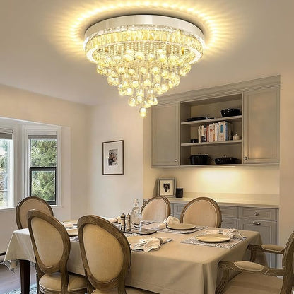 Dia 24" Modern Crystal Chandeliers for Dining Room,Silver Raindrop Chandelier Flush Mount Chandeliers for Living Room Bedrooms Dining Room Dimmable 2700k 4500k 6000k