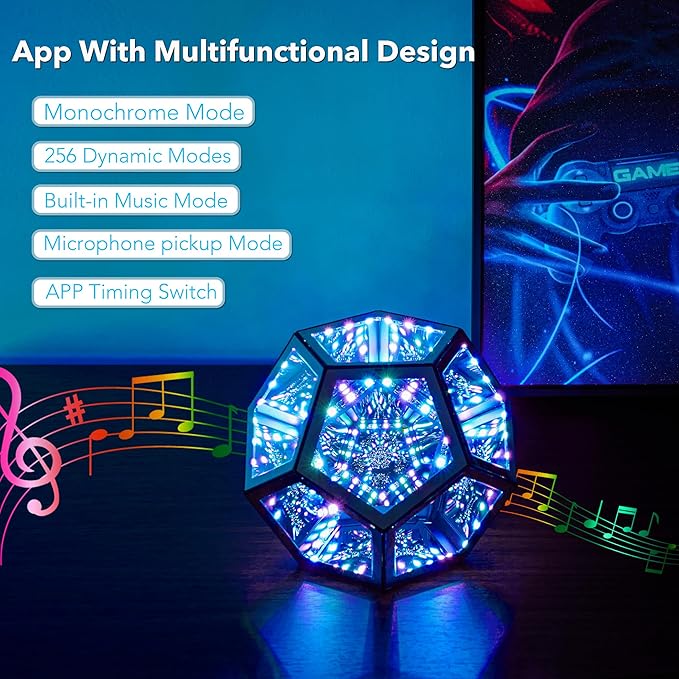 Infinity Dodecahedron Gaming Light, Cool RGBW Led Desk Table Lamp Light for Bedroom Gaming Room Decor, Unique Colorful Mood Changing Ambient Night Lighting lamp Adult Men Birthday Gift
