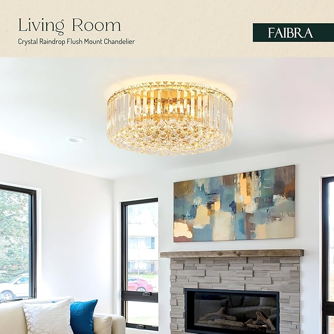 17.3" Gold K9 Crystal Raindrop Flush Mount Ceiling Light, Modern Chandelier, Round Luxury Light Fixture for Dining Room, Bedroom, Hallway, Kitchen Island & Living Room
