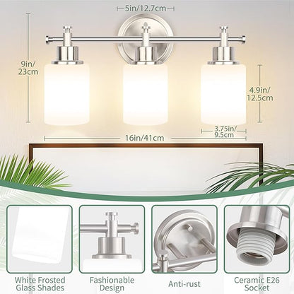 3-Light Bathroom Vanity Light Fixture, Brushed Nickel Compact Vanity Light with White Frosted Glass Shades for Mirror, Bathroom, Living Room, Modern Style, E26 Base, 16 Inch