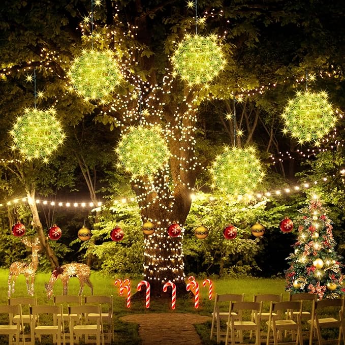 Baung Christmas String Lights Outdoors,4 Pack 7.98" Sphere Ball Tree Garden Globe Lights for Home, Party, Christmas, Porch Patio,Wedding, Garden,Tree Decoration with Memory Function Plug