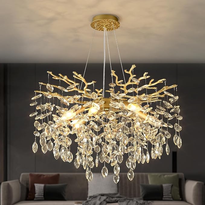 EGM Gold Crystal Chandelier, 24-Inch Modern Raindrop Light Fixtures 8-Light, Hanging Round Gold Dining Room Crystal Chandelier, Tree Branch Chandeliers for Bedroom Foyer E12