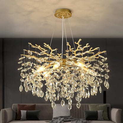 EGM Gold Crystal Chandelier, 24-Inch Modern Raindrop Light Fixtures 8-Light, Hanging Round Gold Dining Room Crystal Chandelier, Tree Branch Chandeliers for Bedroom Foyer E12