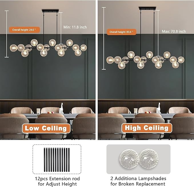 16-Light Linear Chandelier,55" Black Sputnik Chandeliers Clear Globe Modern Chandeliers for Dining Room Light Long Large Chandelier Sputnik Ceiling Light Fixture Pendant Lights Kitchen Island