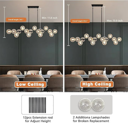 16-Light Linear Chandelier,55" Black Sputnik Chandeliers Clear Globe Modern Chandeliers for Dining Room Light Long Large Chandelier Sputnik Ceiling Light Fixture Pendant Lights Kitchen Island