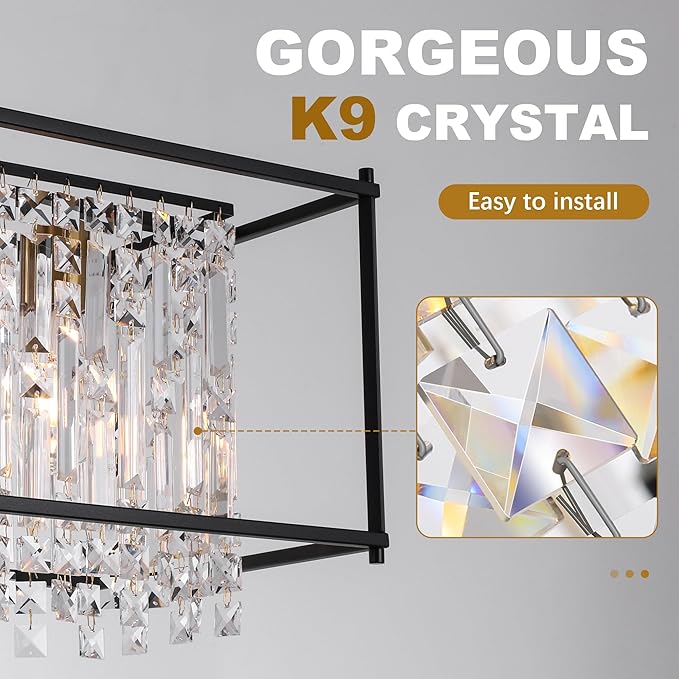 Crystal Chandeliers for Dining Room,50IN Modern Black Chandelier for Living Room, Adjustable Height, 7-Light Pendant Light Fixture,Rectangle Lighting for Kitchen Island Living Room