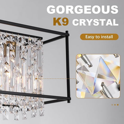 Crystal Chandeliers for Dining Room,50IN Modern Black Chandelier for Living Room, Adjustable Height, 7-Light Pendant Light Fixture,Rectangle Lighting for Kitchen Island Living Room