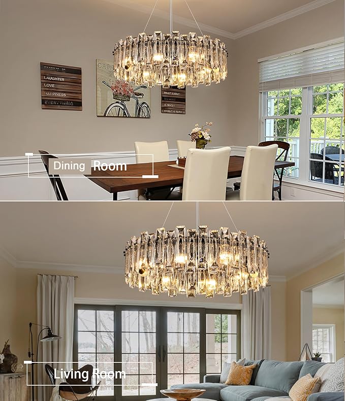 Luxury K9 Crystal Chandelier Modern Round Easy Install Ceiling Hanging Pendant Light Fixture for Dining Living Room Kitchen Island Entryway Foyer D23.6 Black 8-Lights
