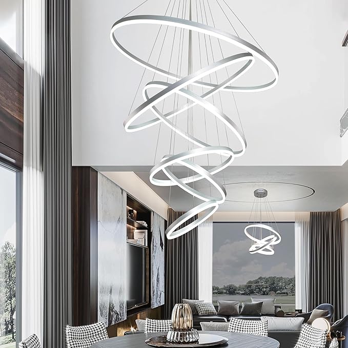6 Rings Pendant Lights 47.2'' Modern Height Adjustable Chandeliers Sliver Led Chandelier Dimmable Sliver Chandelier Led Pendant Light for Dining Room Bedroom Living Room(3000K-6000K)