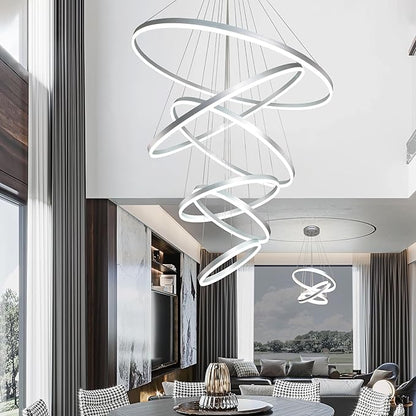 6 Rings Pendant Lights 47.2'' Modern Height Adjustable Chandeliers Sliver Led Chandelier Dimmable Sliver Chandelier Led Pendant Light for Dining Room Bedroom Living Room(3000K-6000K)