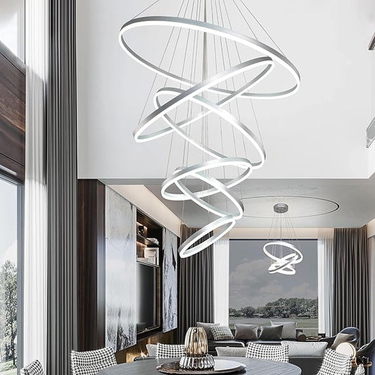 6 Rings Pendant Lights 47.2'' Modern Height Adjustable Chandeliers Sliver Led Chandelier Dimmable Sliver Chandelier Led Pendant Light for Dining Room Bedroom Living Room(3000K-6000K)