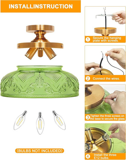 Green Semi Flush Mount Ceiling Light, 12 Inch Large Ceiling Light Fixture Gold, 3-Light Globe Glass Farmhouse Kitchen Lighting Fixtures for Bathroom, Hallway, Dining Room (Bulb Not Included)