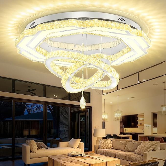 Flashing God Large Crystal Chandelier Dia 48" Silver Chandelier Flush Mount Ceiling Light for Bedroom Living Room Dining Room Hallway Dimmable 3 Rings LED Celing Lighting Fixtures