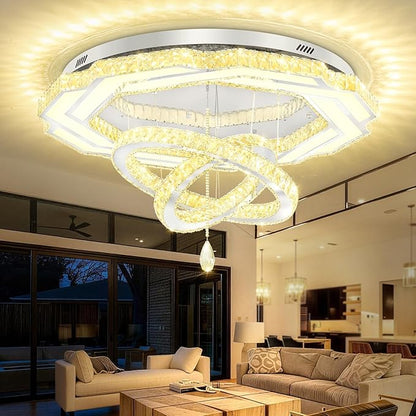 Flashing God Large Crystal Chandelier Dia 48" Silver Chandelier Flush Mount Ceiling Light for Bedroom Living Room Dining Room Hallway Dimmable 3 Rings LED Celing Lighting Fixtures