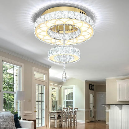 Flashing God Dia 16" Modern Crystal Chandeliers Flush Mount Chandelier Dimmable LED Light Crystal Ceiling Light for Hallway Bedroom Living Room Dining Room Gold