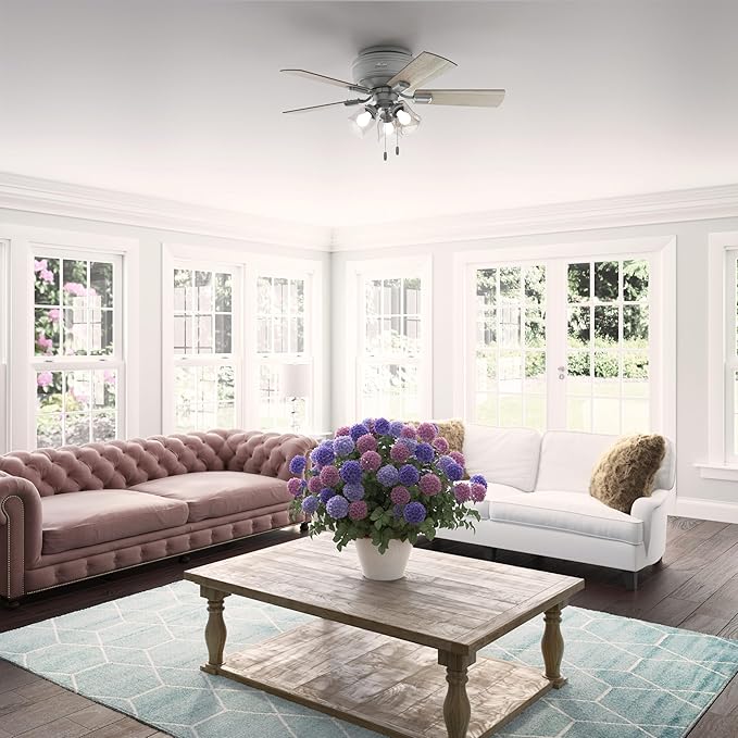 Hunter 42 inch Indoor Ceiling Fan with LED Lights and Pull Chain - Low Profile Flush Mount Ceiling Fan, 5 Blades, For Bedroom, Living Room, or Kitchen, Quiet - Crestfield 51025, Matte Silver