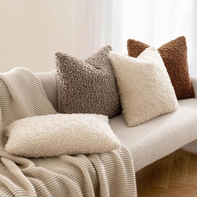 MIULEE Pack of 2 Throw Pillow Covers 18x18 Inch Neutral Khaki Faux Fur Decorative Sherpa Pillow Covers Fuzzy Accent Soft Sheepskin Fleece Cushion Cases for Boho Home Decor Couch Living Room Bed