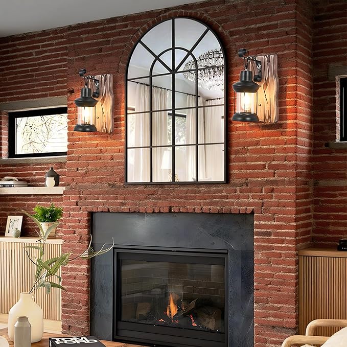 Rustic Wall Light Fixtures Vintage Wall Sconces Sets of 2 Farmhouse Antique Wooden Lamp with Clear Glass Indoor Lighting Black Bedside Sconces Lighting for Bar Cafe Barn Stairs
