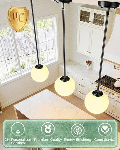 Majade Globe Pendant Lights Kitchen Island Mid Century Modern Pendant Light Fixtures 2 Pack 7.4 Inch Black Ceiling Lighting with Milk White Glass Shade Adjustable Hanging Light for Dining Room