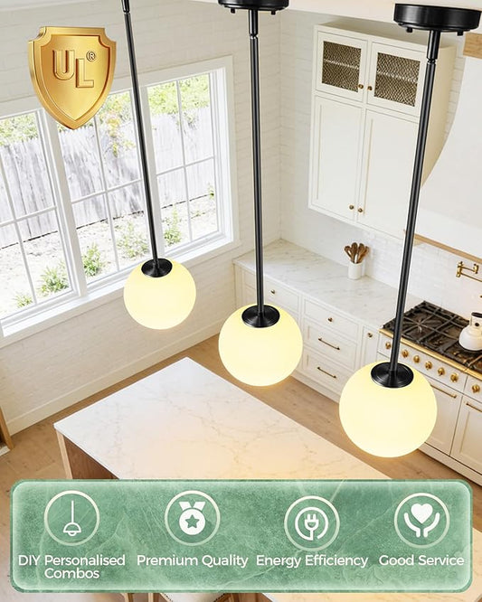 Majade Globe Pendant Lights Kitchen Island Mid Century Modern Pendant Light Fixtures 2 Pack 7.4 Inch Black Ceiling Lighting with Milk White Glass Shade Adjustable Hanging Light for Dining Room