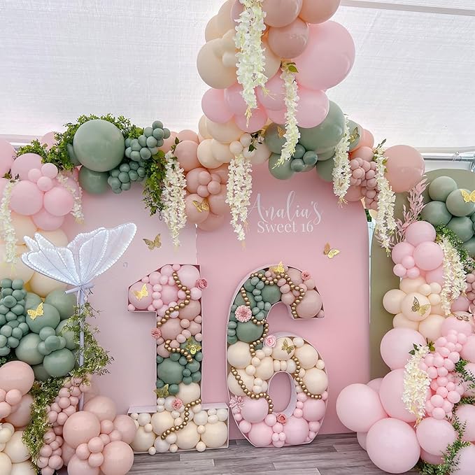 HILAVO Sage Green Pink Balloons 12 Inch Olive Green Pastel Pink Ivory Metallic Gold Latex Balloon for Boho Baby in Bloom Fairy Floral Wildflower Tea Safari Jungle Baby Shower Birthday Party Decoration