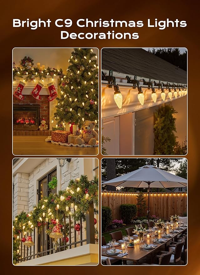 C9 Christmas Lights Outdoor, 82 FT 100 LED Connectable C9 String Lights with 8 Modes and Timer Extendable Xmas Tree Patio Roofline Garden Yard Holiday Party Indoor Outdoor Decoration, Warm White