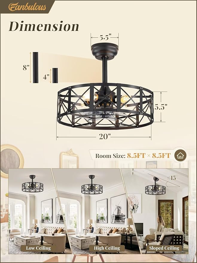 Fanbulous 20 Inch Fandelier Caged Ceiling Fans with Lights and Remote, Black Bladeless Ceiling Fan with 6 Speeds and Timing, Farmhouse Samll Fan Lights Ceiling Fixtures For Kitchen, Bedroom-Black