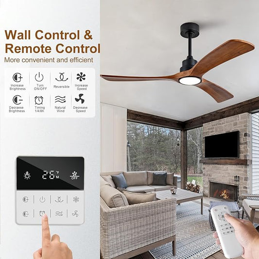 52 inch Ceiling Fans with Lights and Remote Control,Wall Switch,Solid Wood Blades,Dimmable,Reversible Noiseless,Power Off Memory Modern Black Ceiling Fan for Bedroom Patio Indoor/Outdoor Use