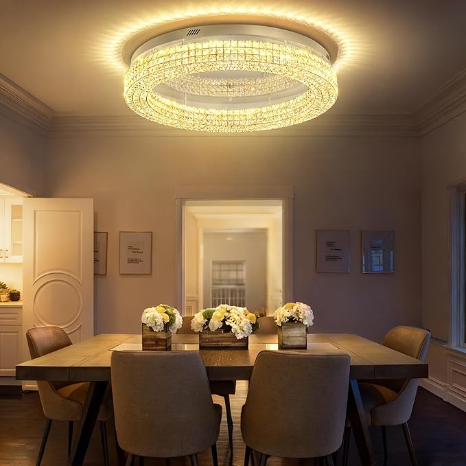 ykolupty 40'' Crystal Chandelier Light Fixture Large Chandelier for Living Room Crystal Flat Mounted Ceiling Lights Dining Room Bedroom Dimmable 2700-6000K